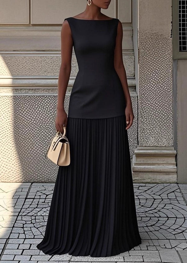 Simple Blue Wrinkled Solid Tops And Skirts Two Pieces Set Sleeveless