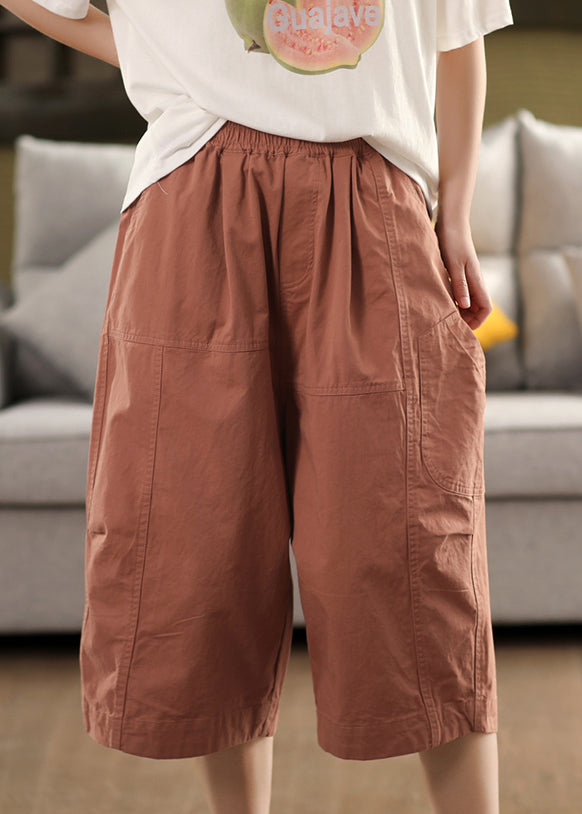 Simple Brick Red Pockets Elastic Waist Cotton Crop Pants Summer