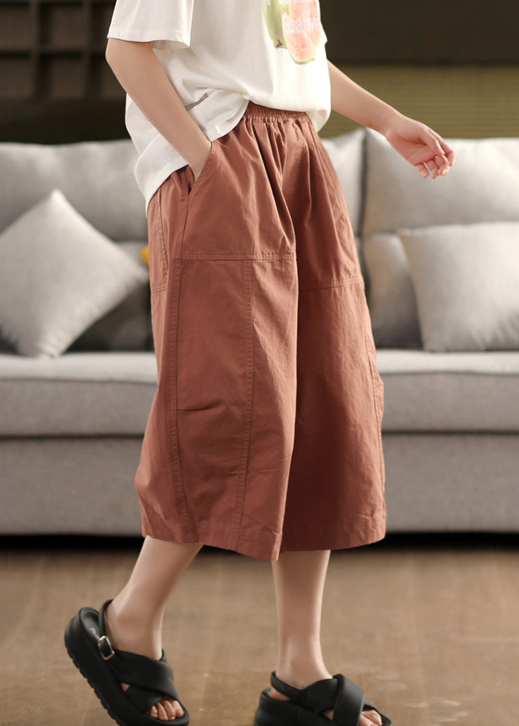Simple Brick Red Pockets Elastic Waist Cotton Crop Pants Summer