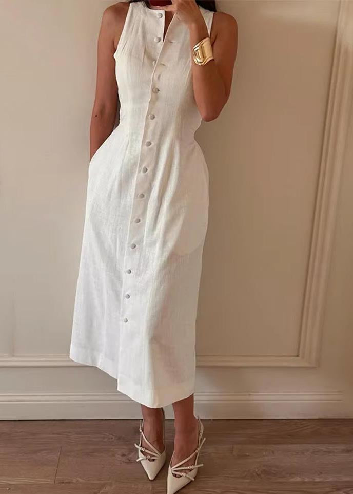 Simple Brown Button Down Cotton Straight Dress Sleeveless
