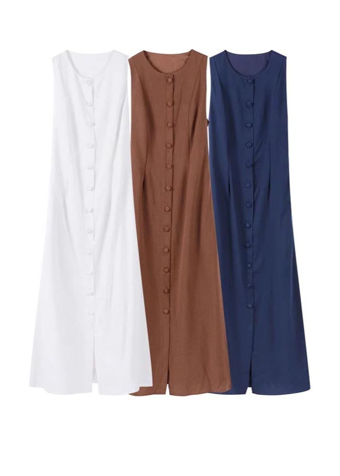 Simple Brown Button Down Cotton Straight Dress Sleeveless