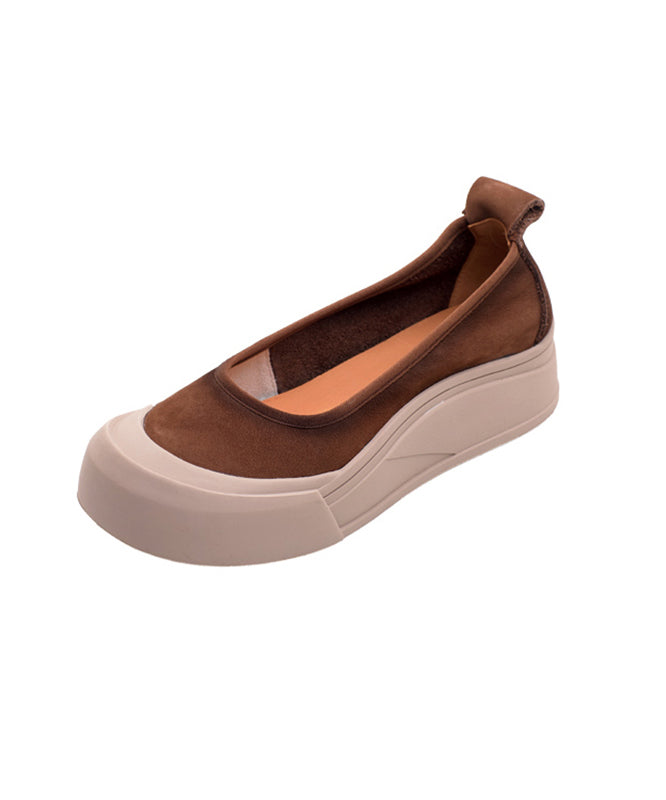 Simple Brown Cowhide Leather Splicing Platform Flat Feet Shoes