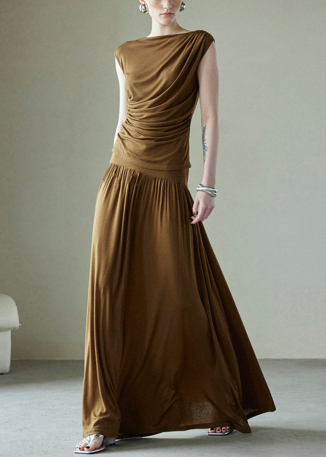 Simple Brown Original Design Wrinkled Cotton Two Pieces Set Summer