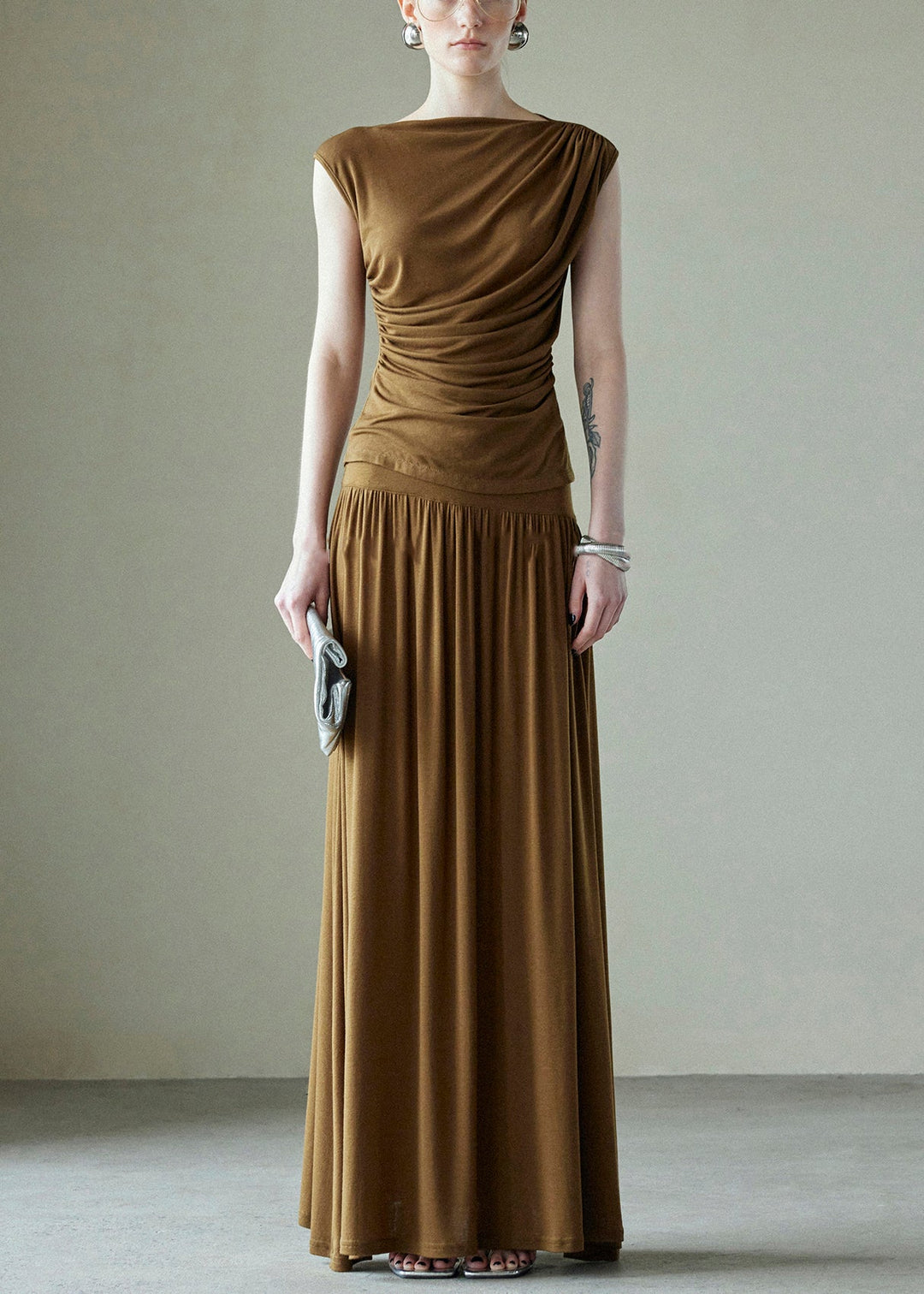 Simple Brown Original Design Wrinkled Cotton Two Pieces Set Summer