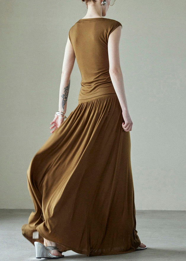 Simple Brown Original Design Wrinkled Cotton Two Pieces Set Summer
