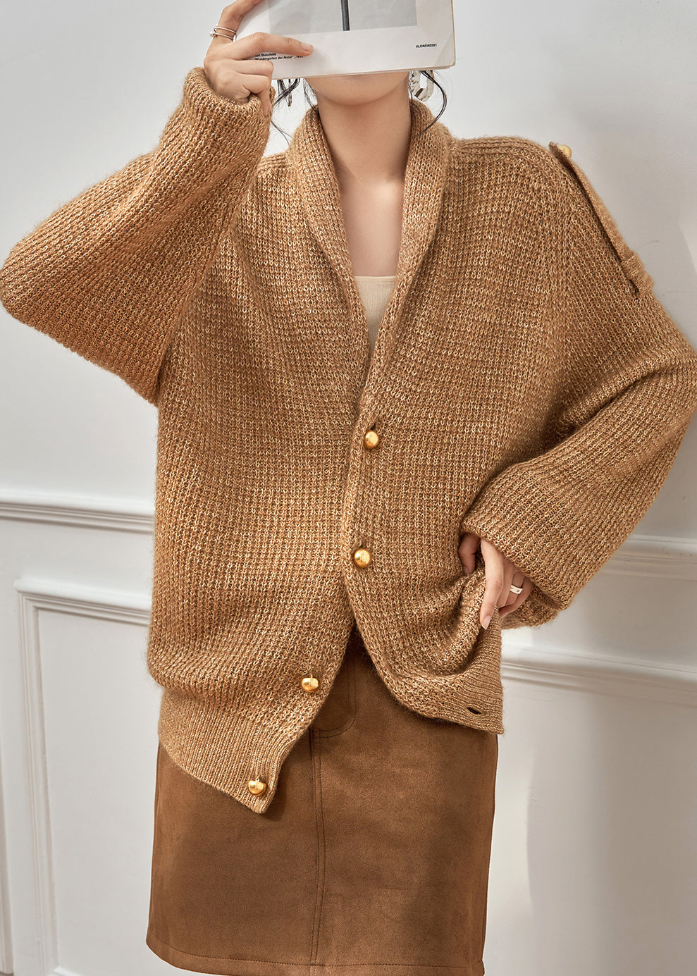 Simple Brown V Neck Button Cozy Knit Coats Winter