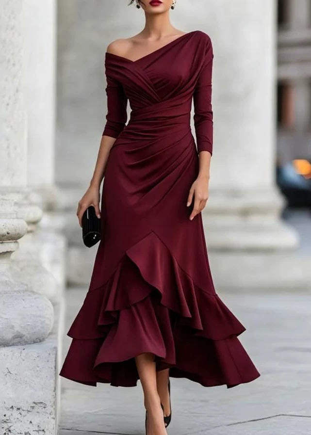 Simple Burgundy One Shoulder Ruched Layered Ruffled Vacation Dress Fall