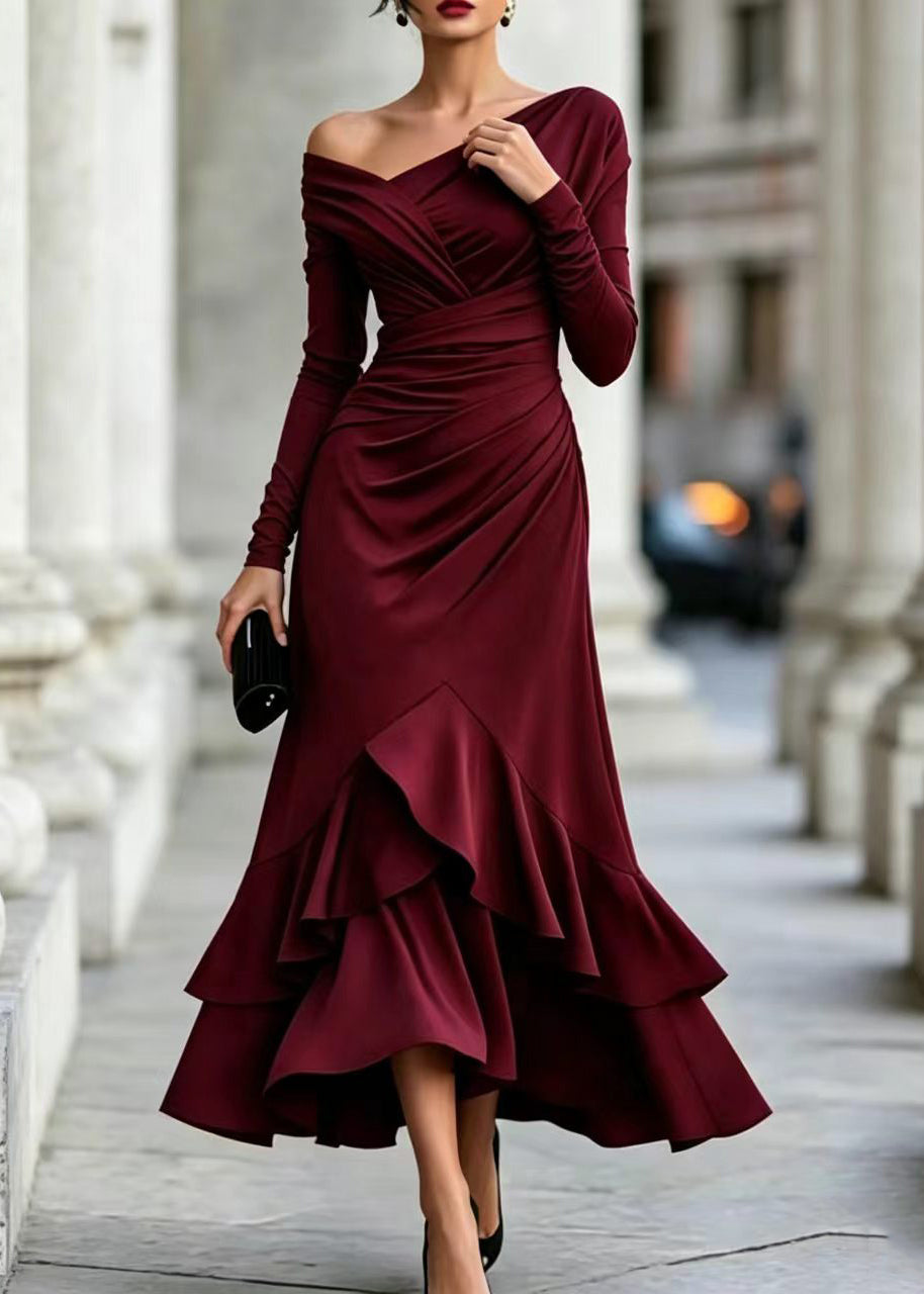 Simple Burgundy One Shoulder Ruched Layered Ruffled Vacation Dress Fall