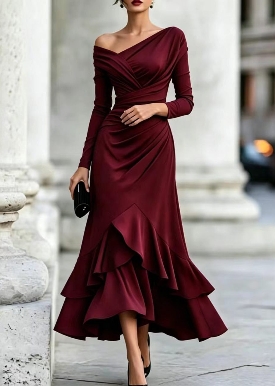 Simple Burgundy One Shoulder Ruched Layered Ruffled Vacation Dress Fall