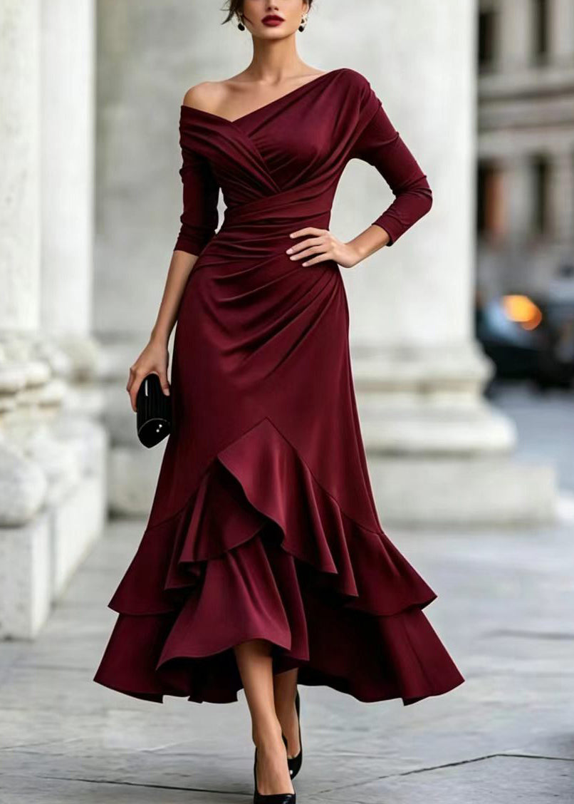 Simple Burgundy One Shoulder Ruched Layered Ruffled Vacation Dress Fall