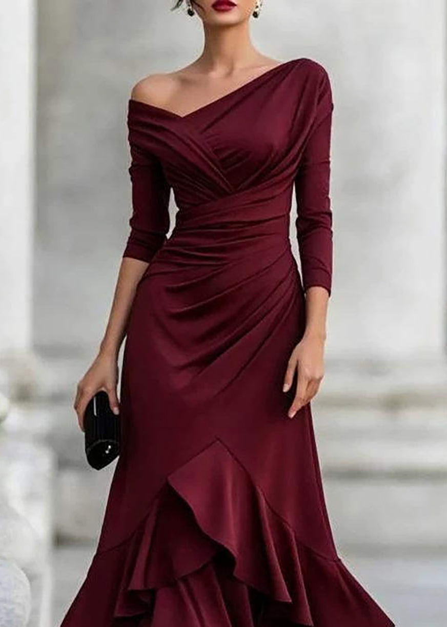 Simple Burgundy One Shoulder Ruched Layered Ruffled Vacation Dress Fall