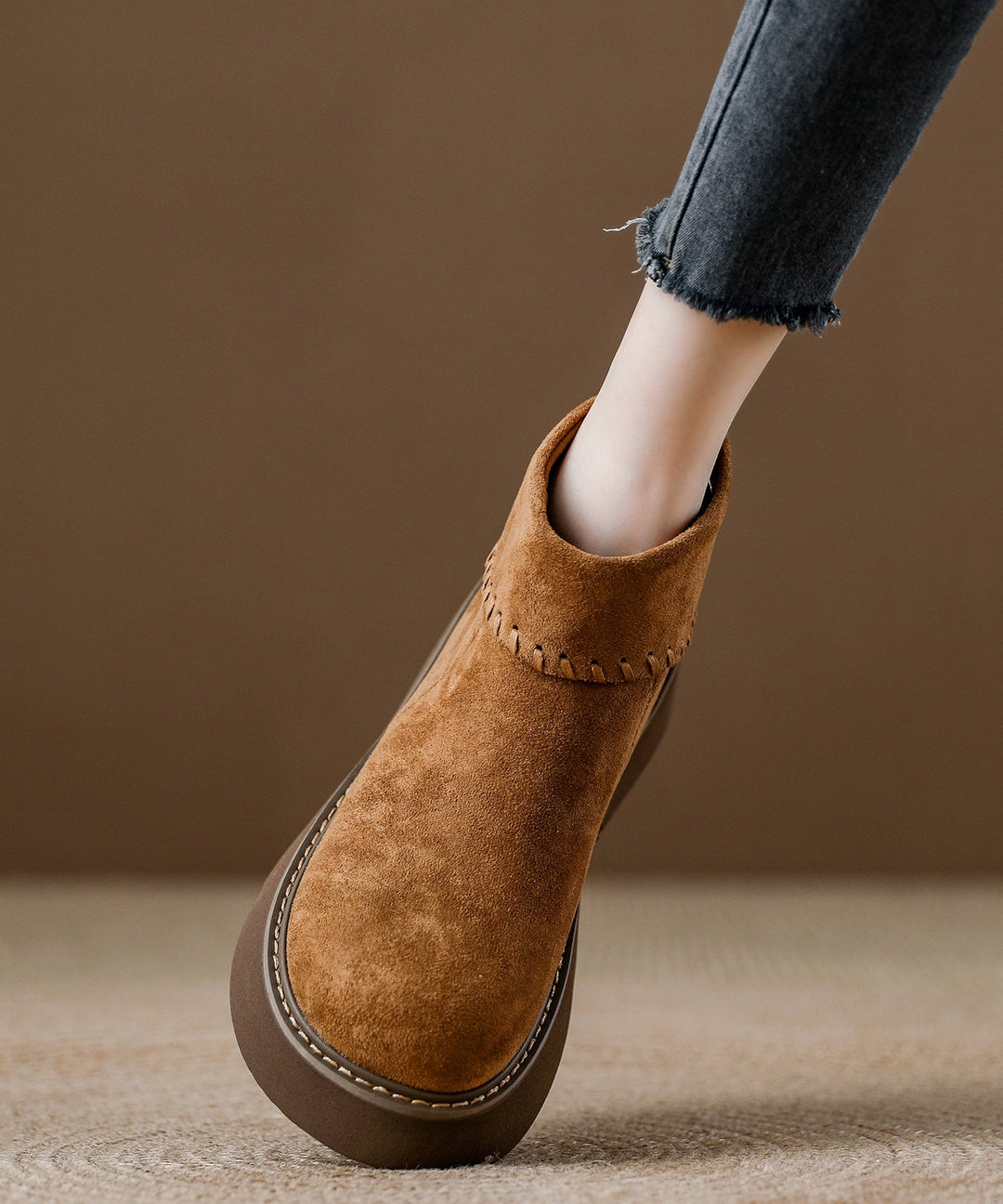 Simple Camel Suede Zippered Splicing Ankle Boots