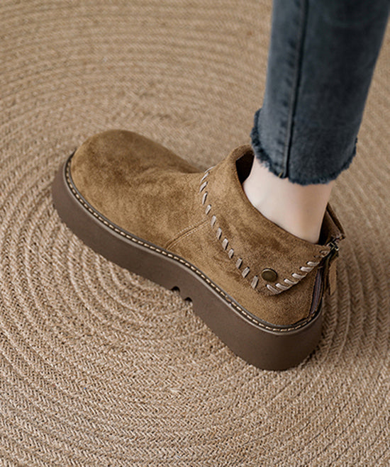 Simple Camel Suede Zippered Splicing Ankle Boots