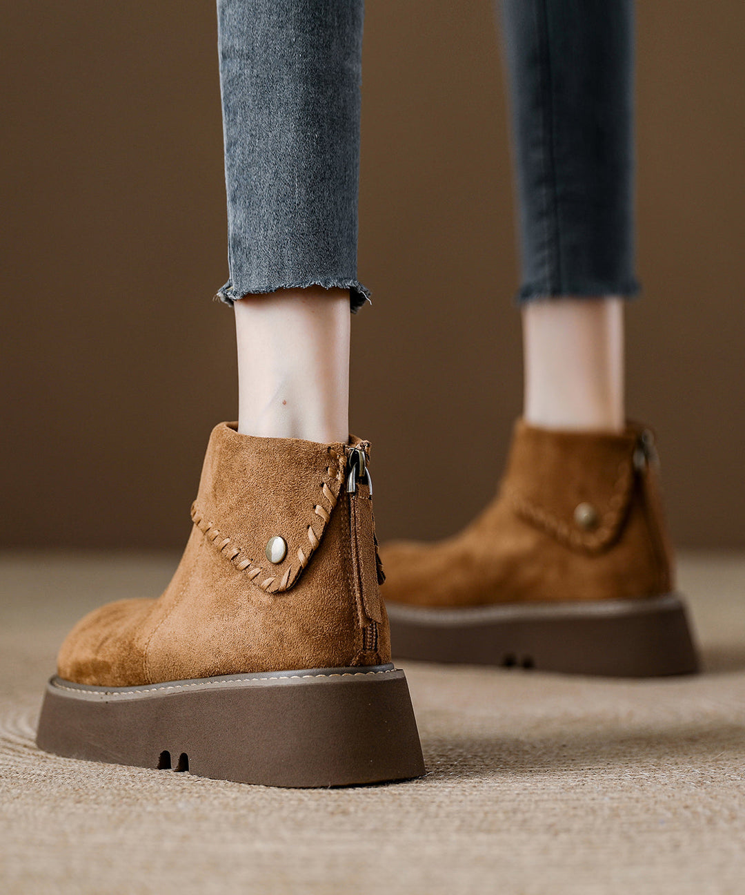 Simple Camel Suede Zippered Splicing Ankle Boots