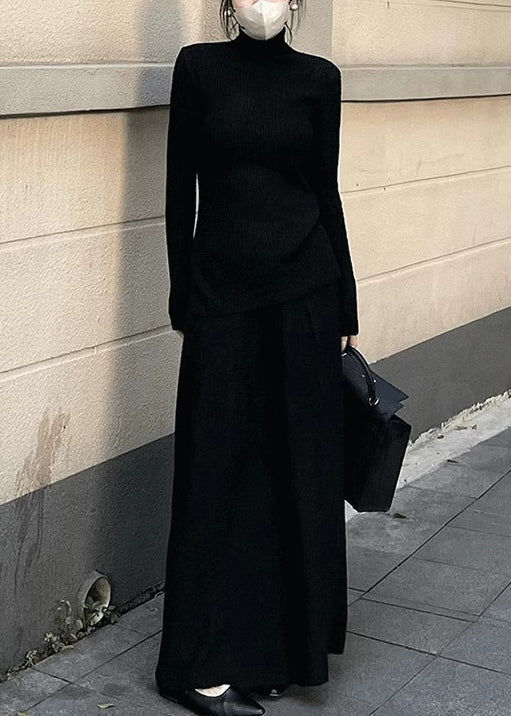 Simple Caramel Turtleneck Side Open Solid Knit Two Pieces Set Spring