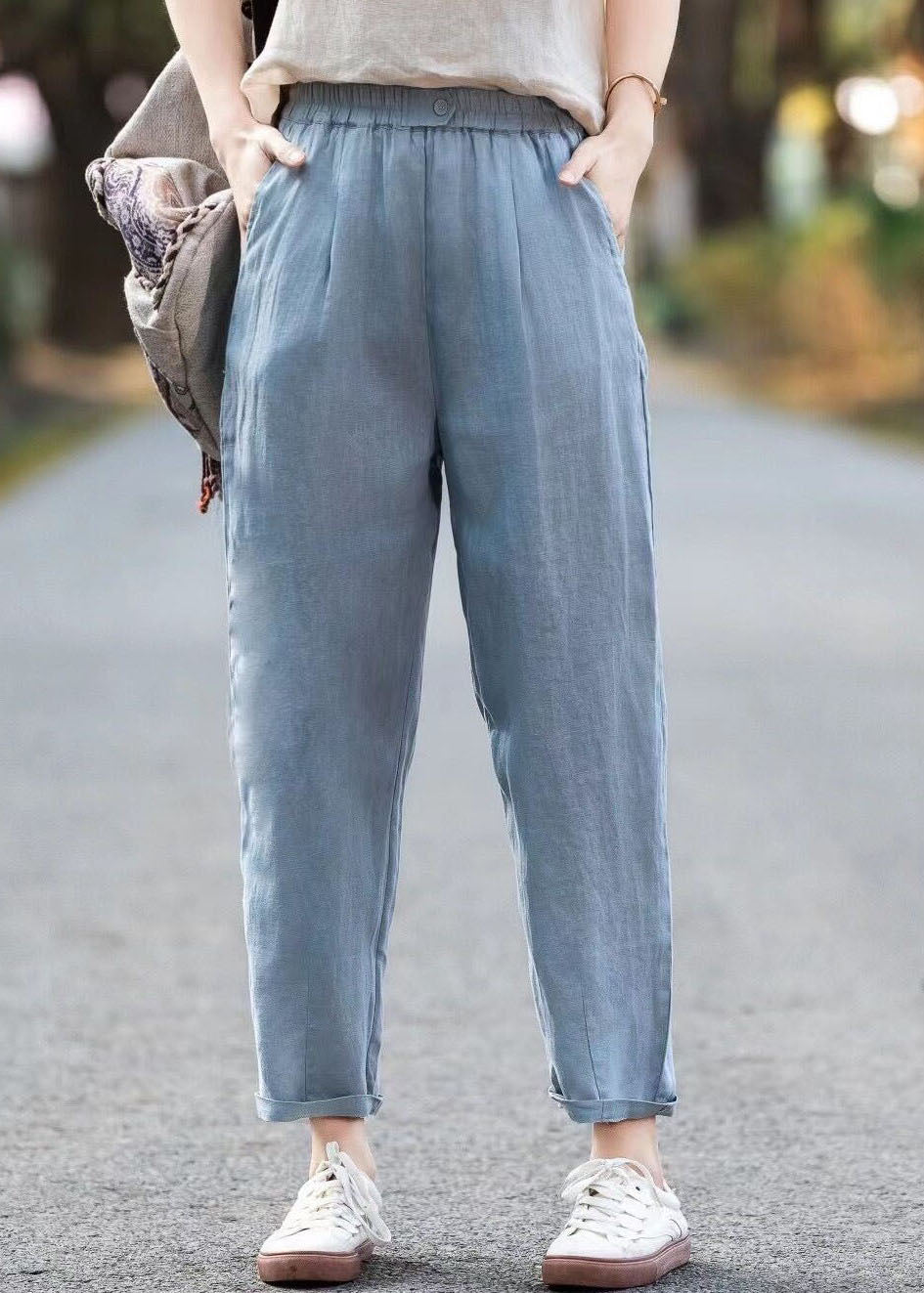 Simple Casual Blue Pockets Elastic Waist Linen Pants Summer