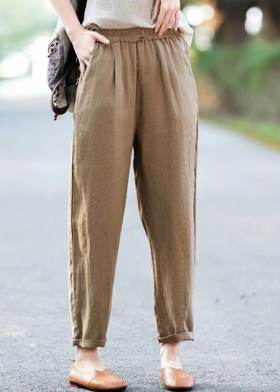 Simple Casual Blue Pockets Elastic Waist Linen Pants Summer