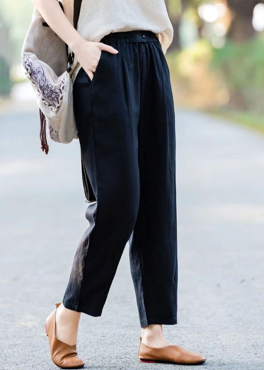 Simple Casual Blue Pockets Elastic Waist Linen Pants Summer