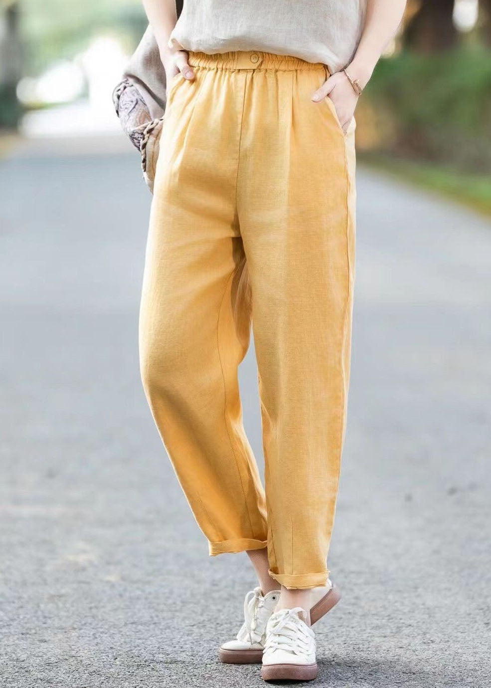 Simple Casual Blue Pockets Elastic Waist Linen Pants Summer
