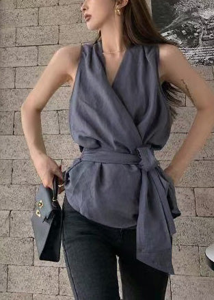 Simple Charcoal Grey Silm Linen Tunic Vest Summer