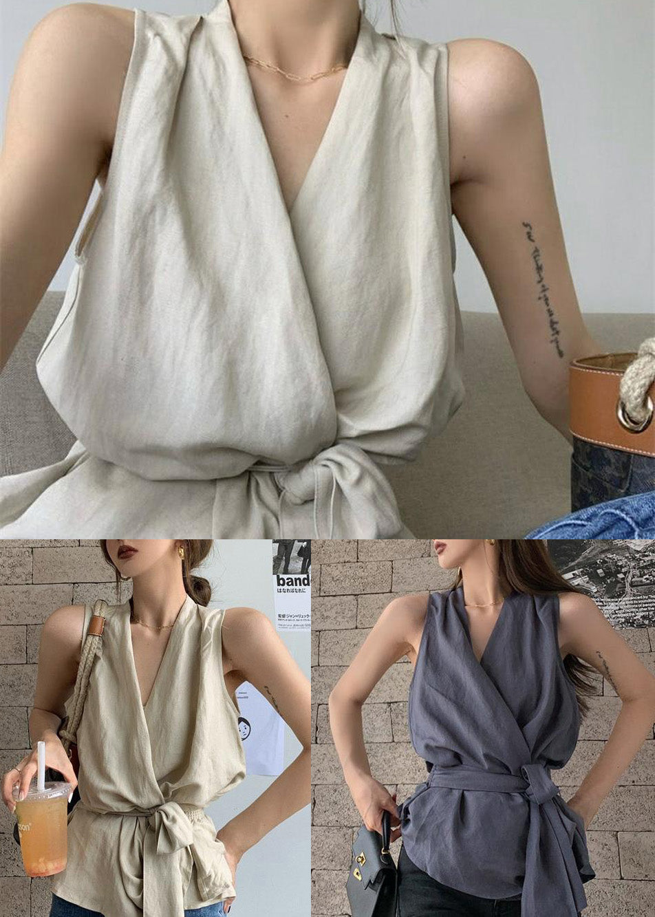 Simple Charcoal Grey Silm Linen Tunic Vest Summer