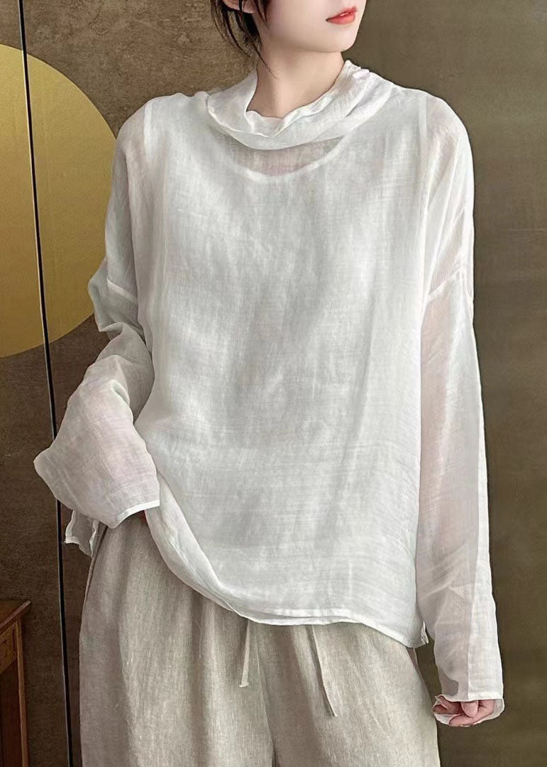Simple Chic White Turtle Neck Patchwork Linen Shirts Long Sleeve