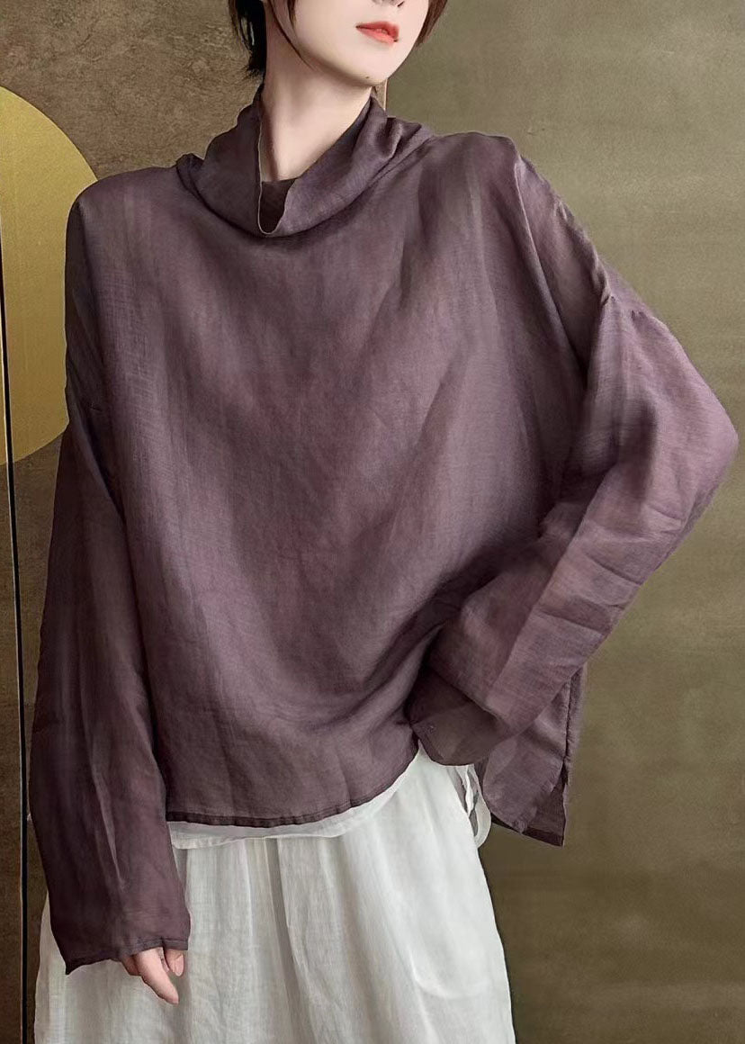 Simple Chic White Turtle Neck Patchwork Linen Shirts Long Sleeve