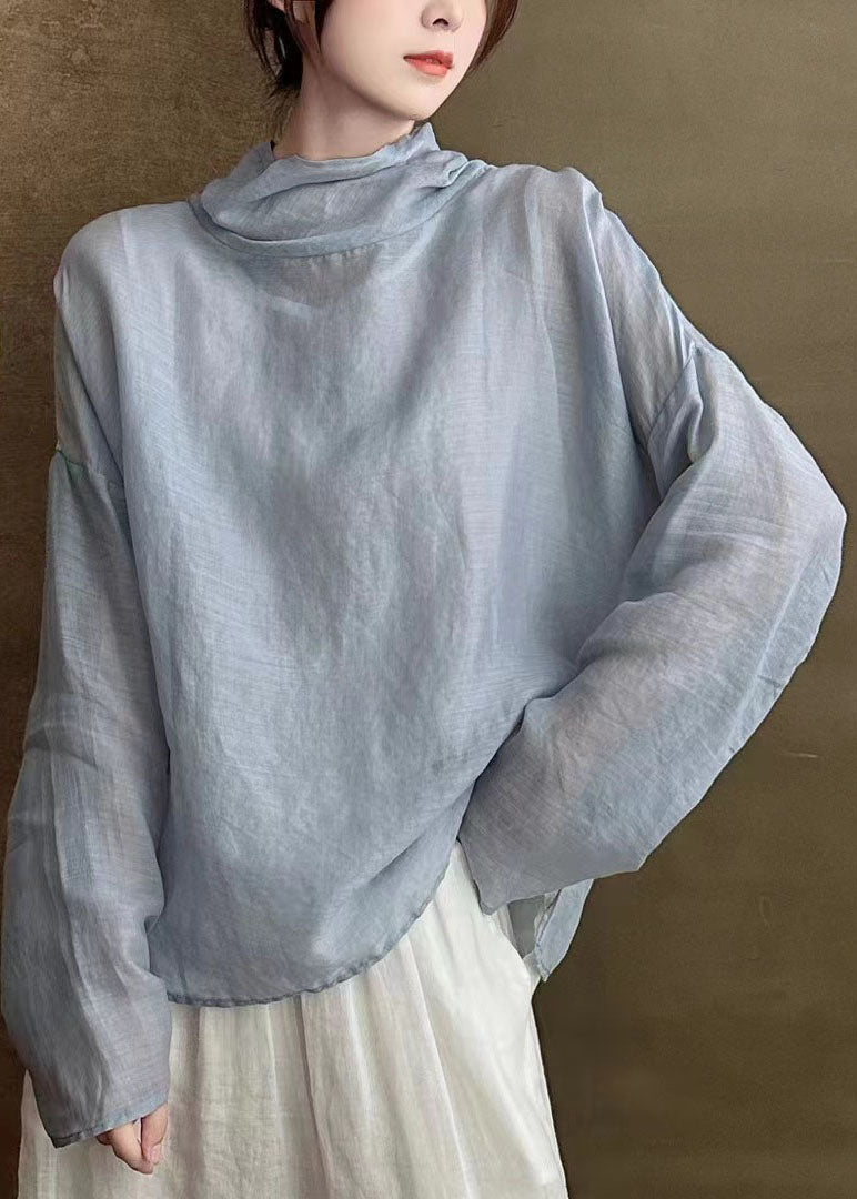 Simple Chic White Turtle Neck Patchwork Linen Shirts Long Sleeve