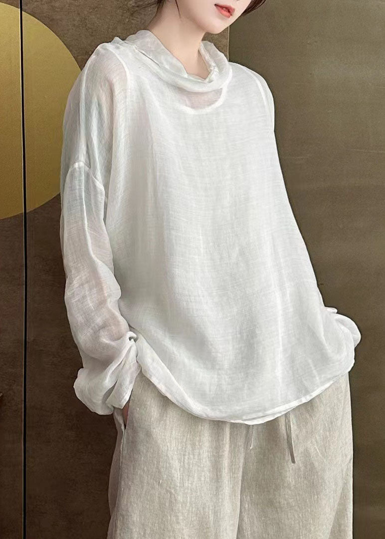Simple Chic White Turtle Neck Patchwork Linen Shirts Long Sleeve