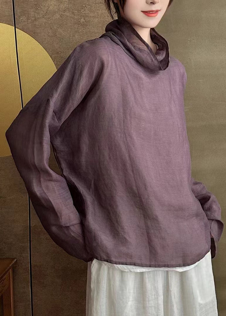 Simple Chic White Turtle Neck Patchwork Linen Shirts Long Sleeve