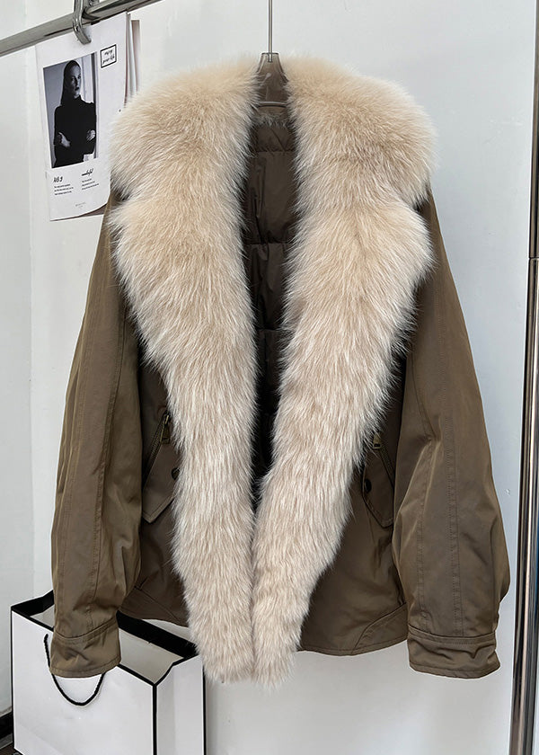 Simple Coffee Fur Collar Removable Pockets Duck Down Parka