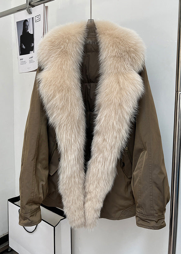 Simple Coffee Fur Collar Removable Pockets Duck Down Parka