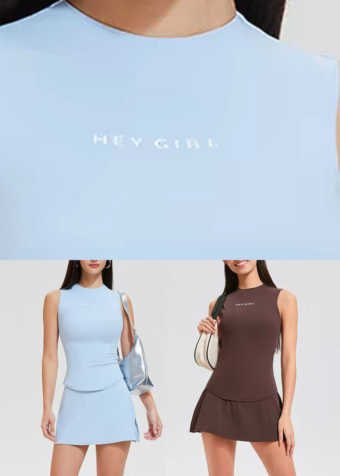 Simple Coffee O-Neck Tennis Sportswear Two-Piece Set Sleeveless