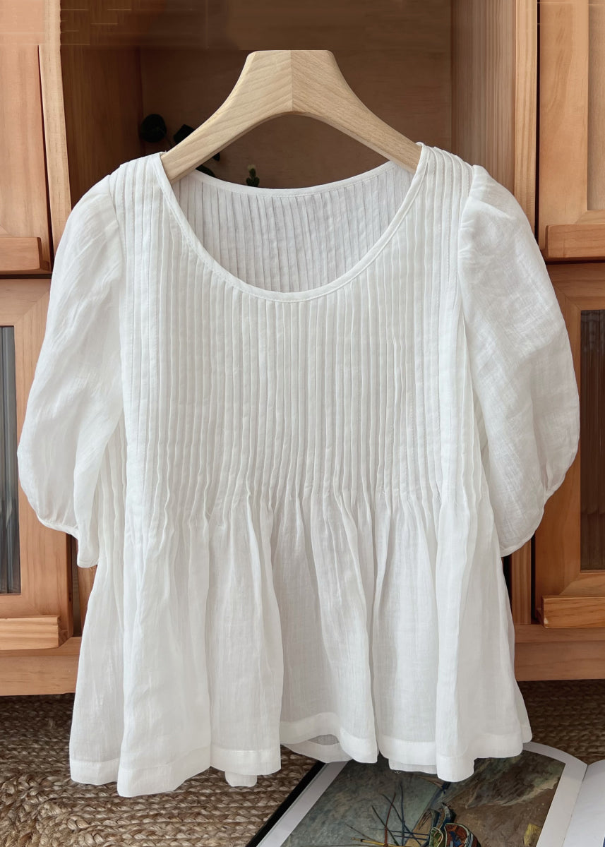 Simple Coffee O Neck Wrinkled Linen Shirt Half Sleeve