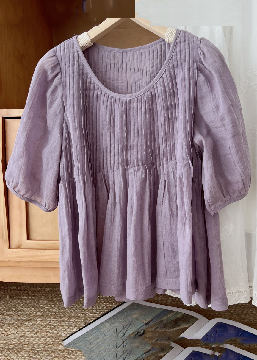 Simple Coffee O Neck Wrinkled Linen Shirt Half Sleeve