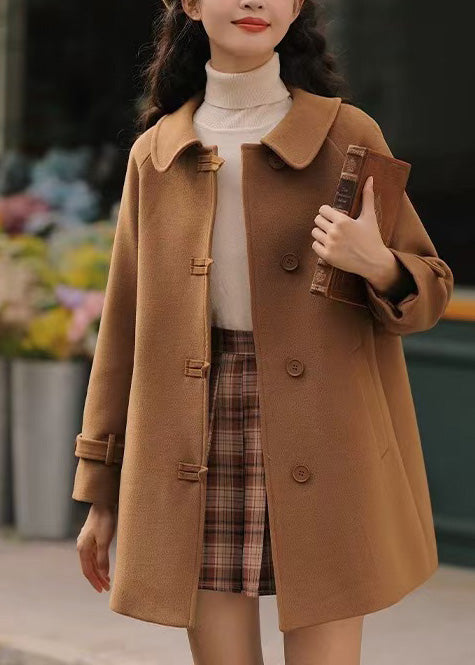 Simple Coffee Peter Pan Collar Pockets Woolen Trench Winter