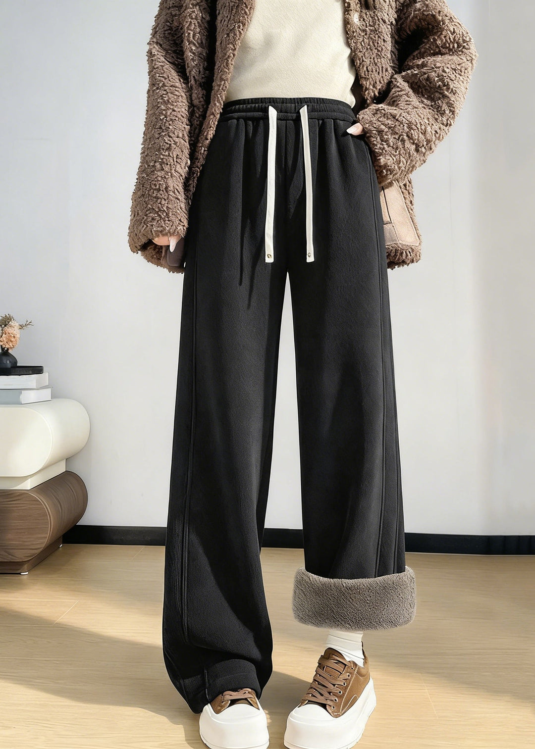 Simple Coffee Pockets Drawstring Warm Fleece Pants Winter