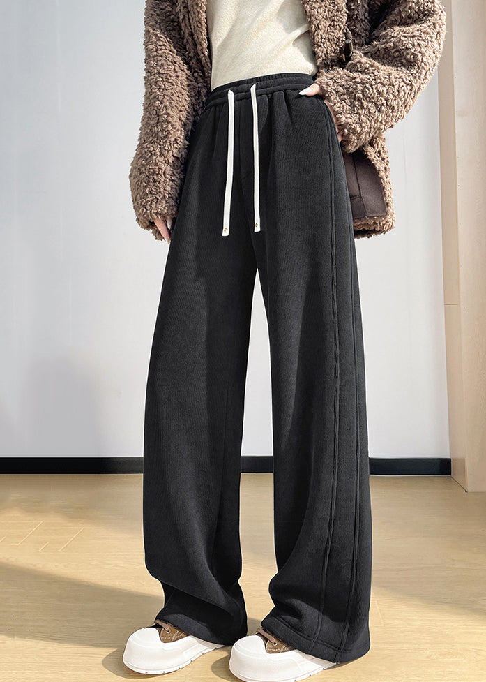 Simple Coffee Pockets Drawstring Warm Fleece Pants Winter