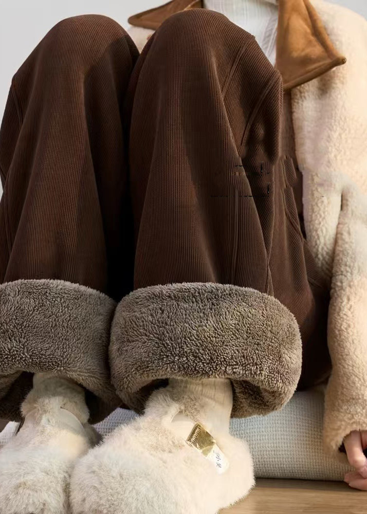 Simple Coffee Pockets Drawstring Warm Fleece Pants Winter