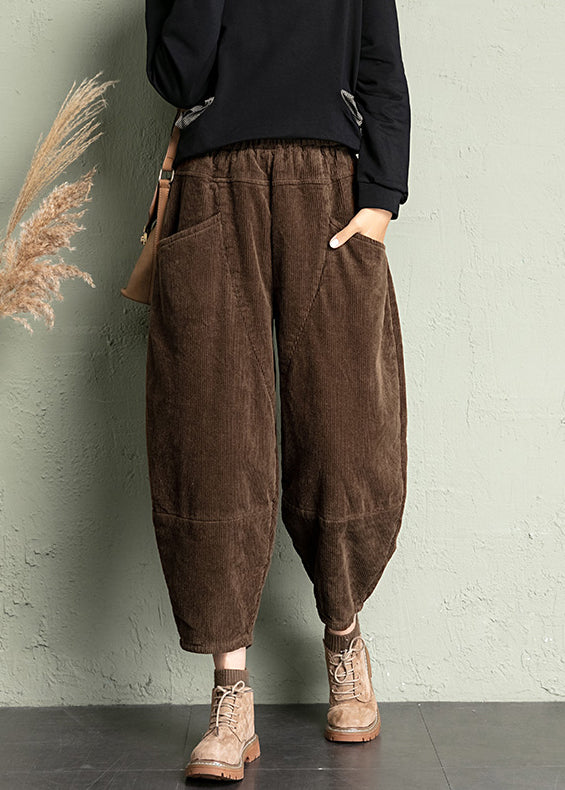 Simple Coffee Pockets Elastic Waist Corduroy Crop Pants Spring