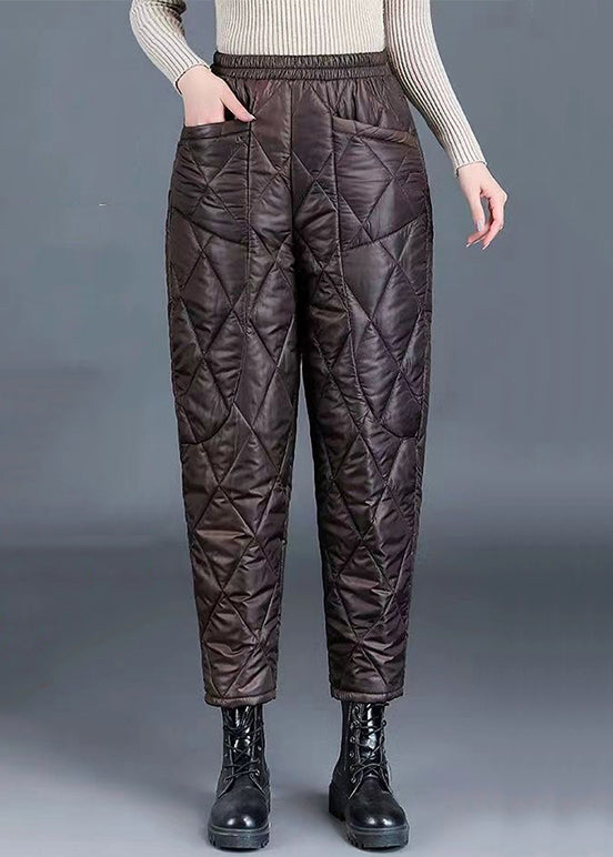 Simple Coffee Pockets Thick High Waist Fine Cotton Filled Harem Pants