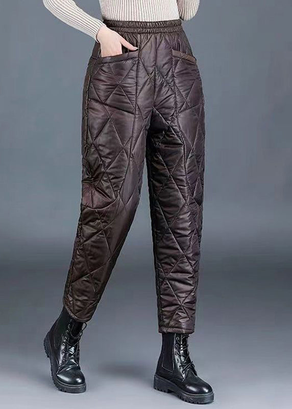 Simple Coffee Pockets Thick High Waist Fine Cotton Filled Harem Pants