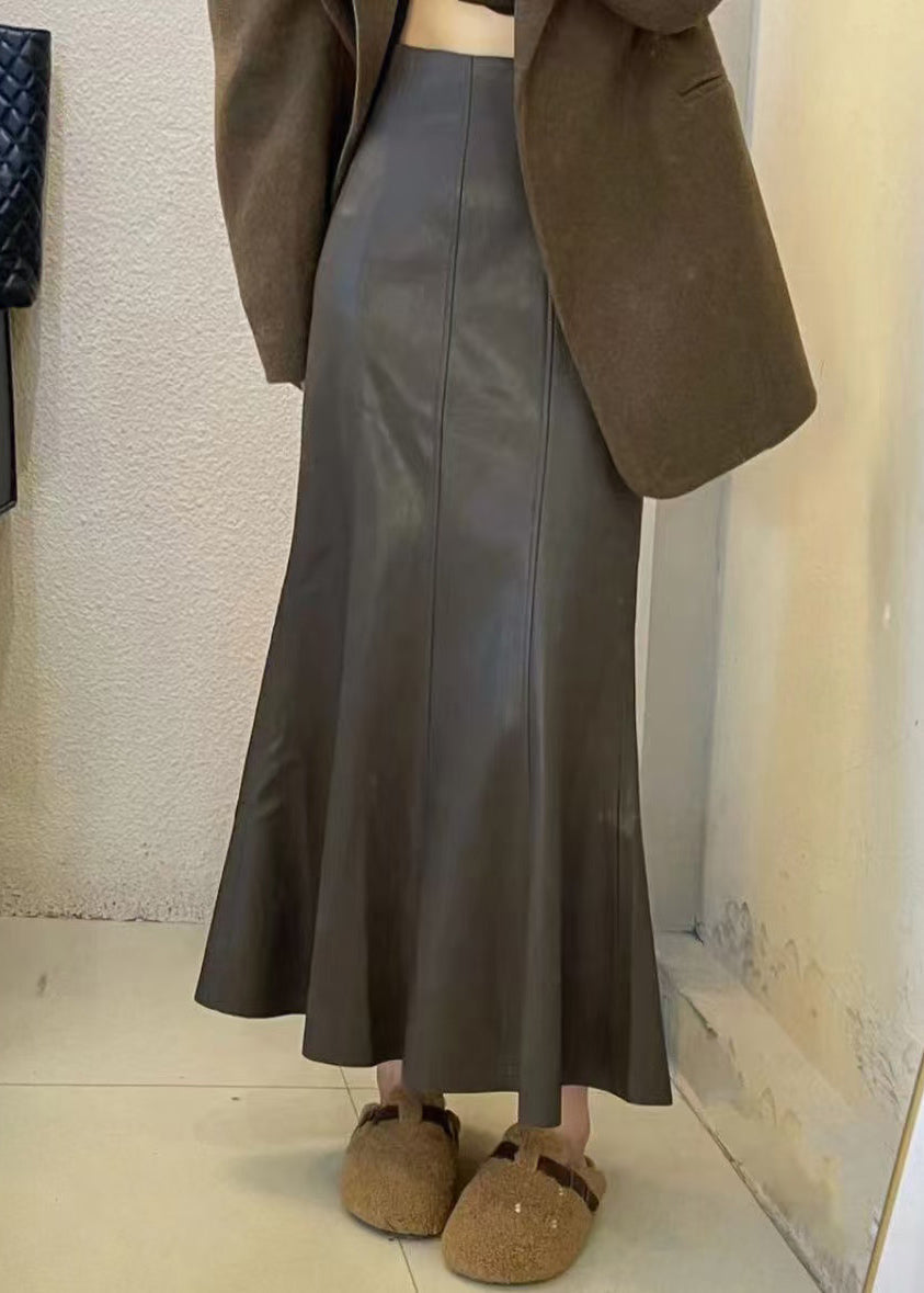 Simple Coffee Solid Elastic Waist Faux Leather Skirt Fall