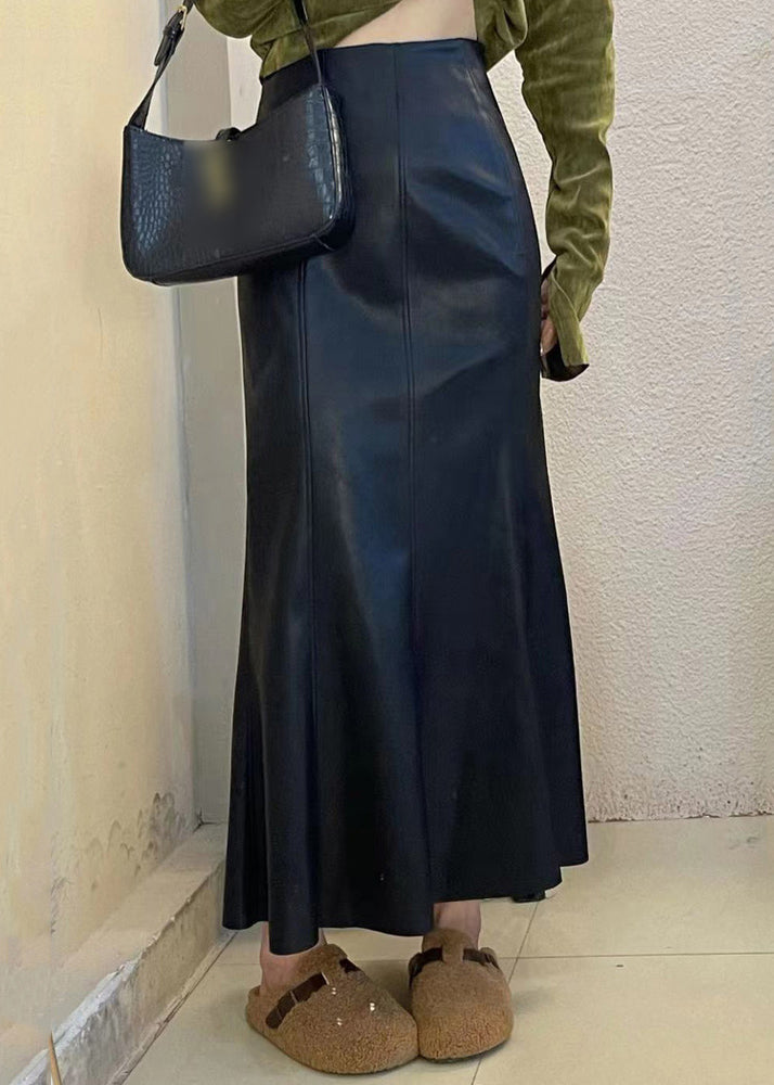 Simple Coffee Solid Elastic Waist Faux Leather Skirt Fall