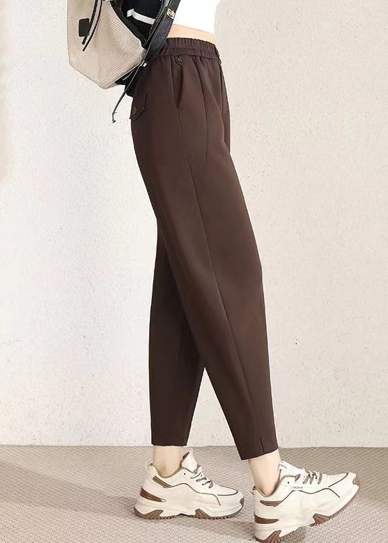 Simple Coffee Solid Pockets High Waist Cotton Crop Pants Spring