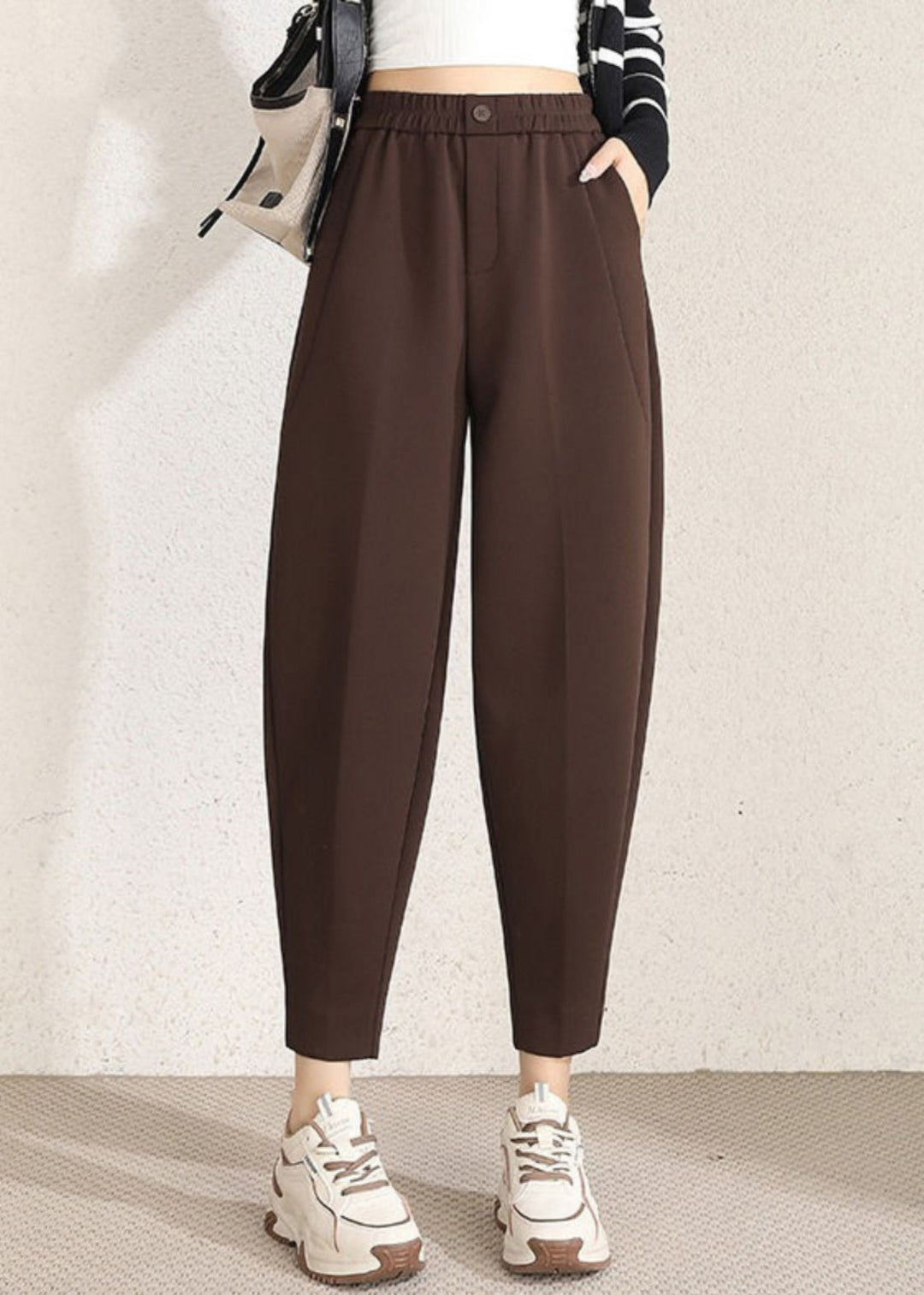 Simple Coffee Solid Pockets High Waist Cotton Crop Pants Spring