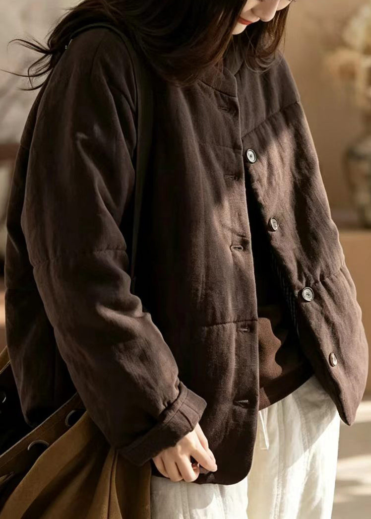 Simple Coffee Stand Collar Cotton Filled Puffer Jacket Winter