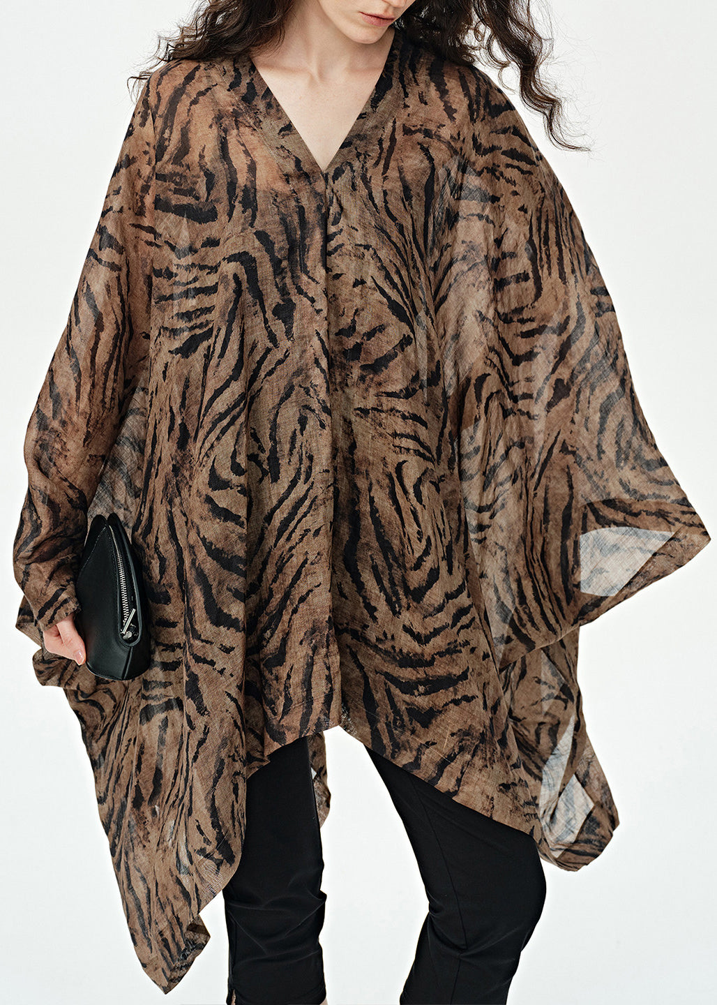 Simple Coffee V Neck Asymmetrical Design Print Cotton Dress Summer