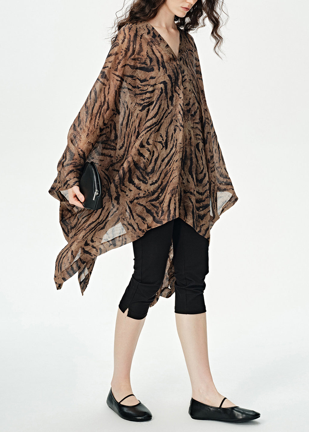 Simple Coffee V Neck Asymmetrical Design Print Cotton Dress Summer