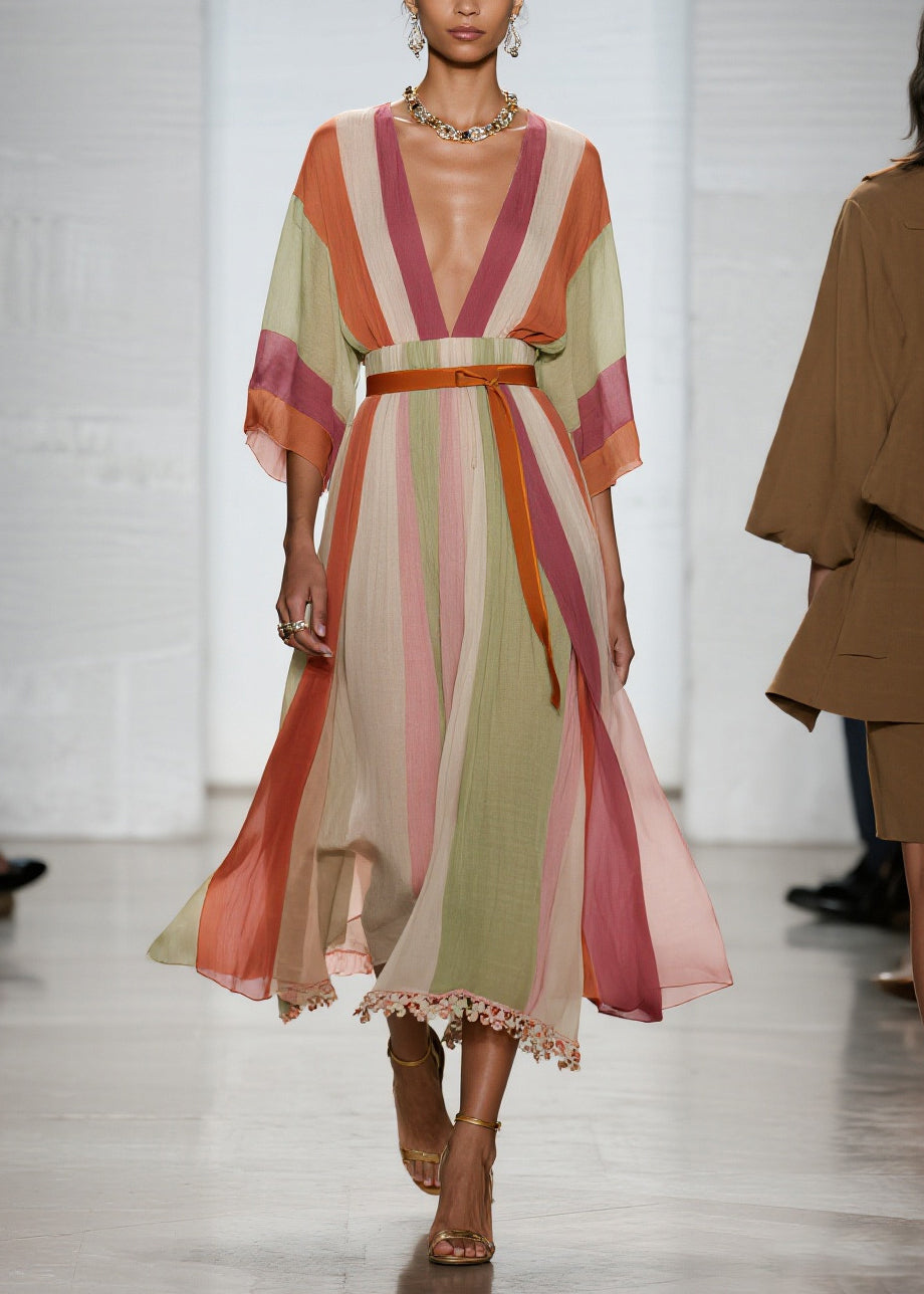 Simple Colorblock V Neck Patchwork Cotton Dress Bracelet Sleeve